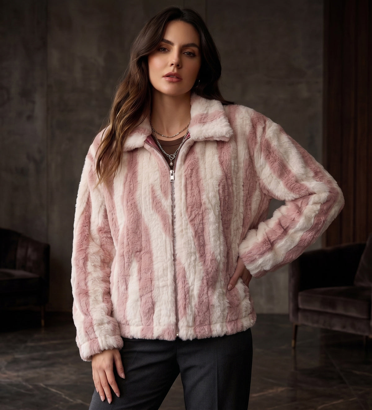 Light Pink & Cream Striped Faux-Fur Zip Jacket - KIZA