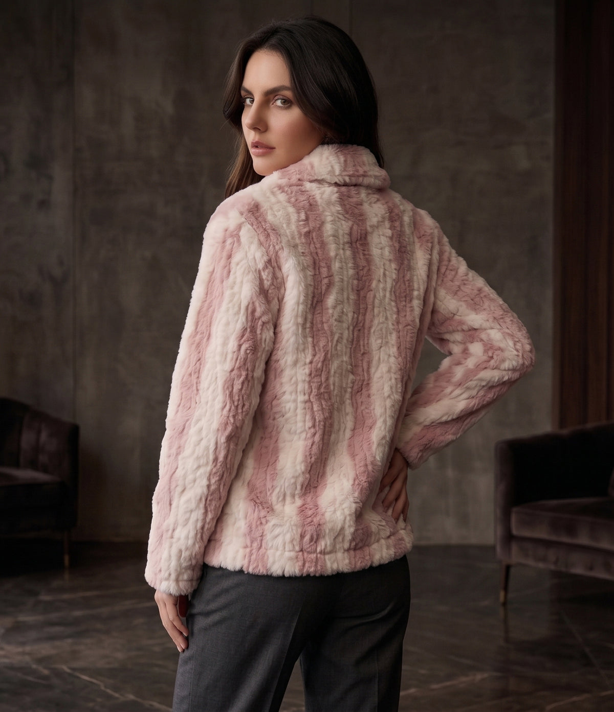 Light Pink & Cream Striped Faux-Fur Zip Jacket - KIZA