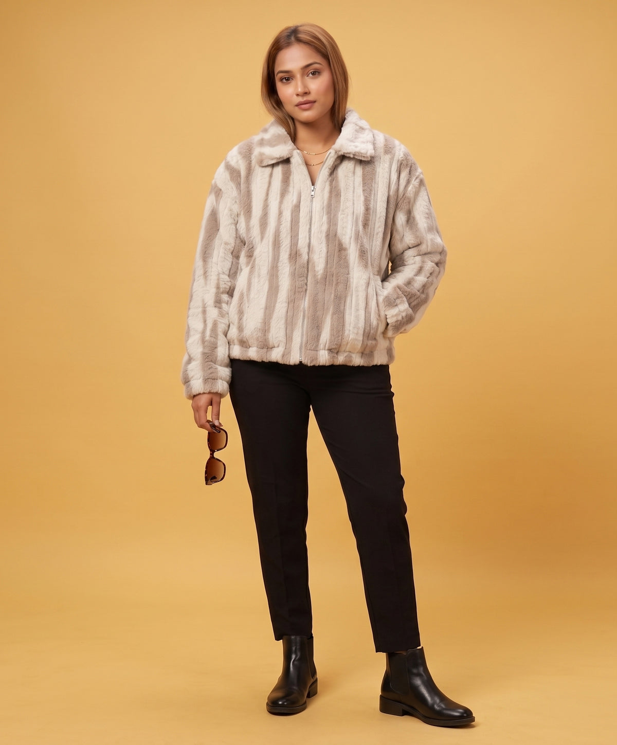 Beige & Cream Striped Faux-Fur Zip Jacket - KIZA