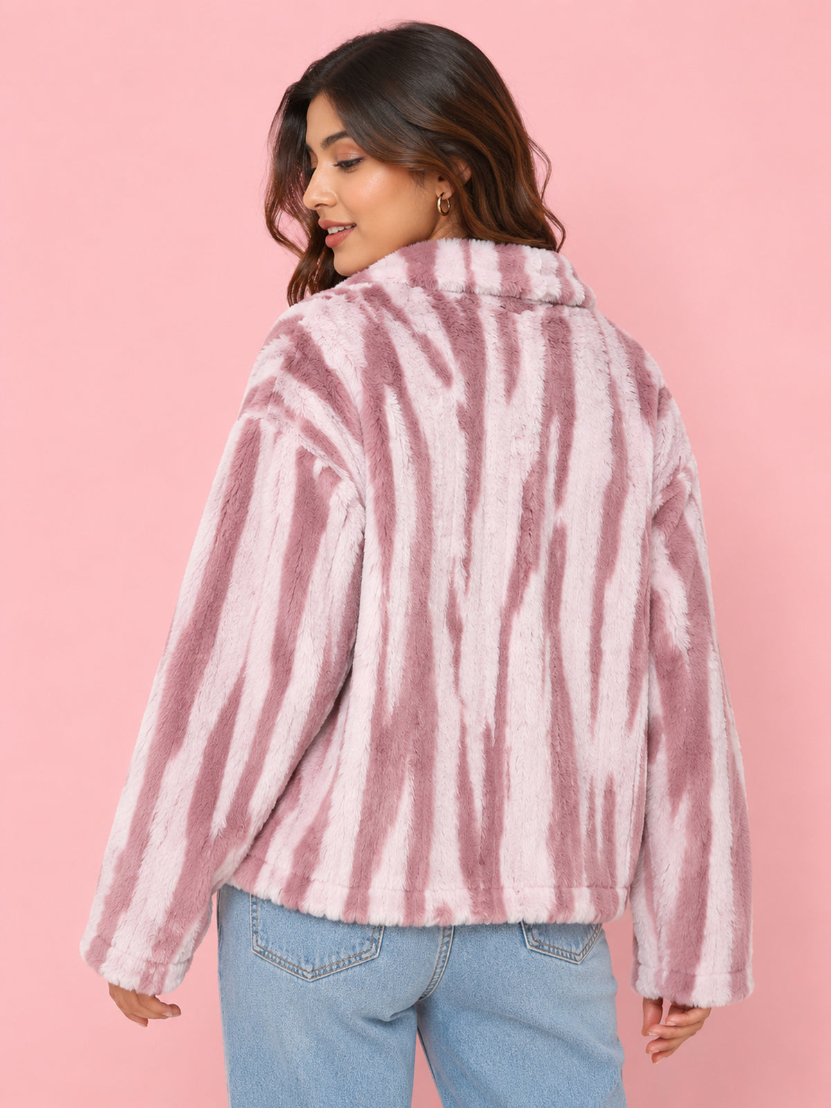 Pink Zebra Stripe Faux-Fur Zip Jacket - KIZA