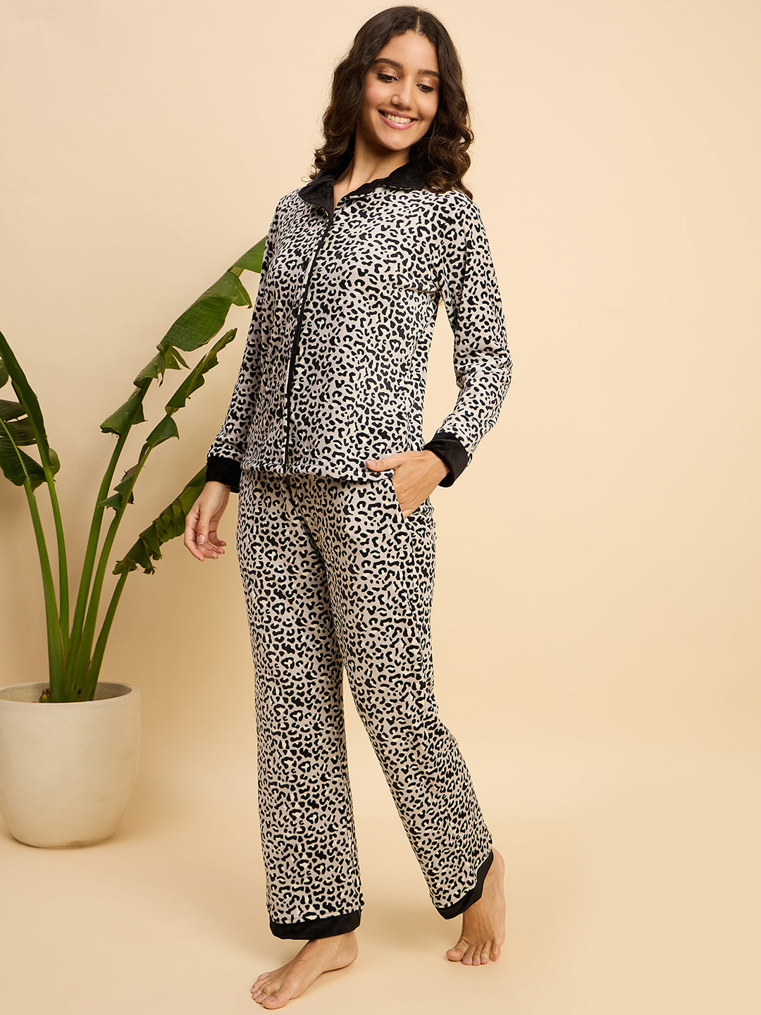 Black & White Leopard Print Velour Front-Open Night Suit - KIZA