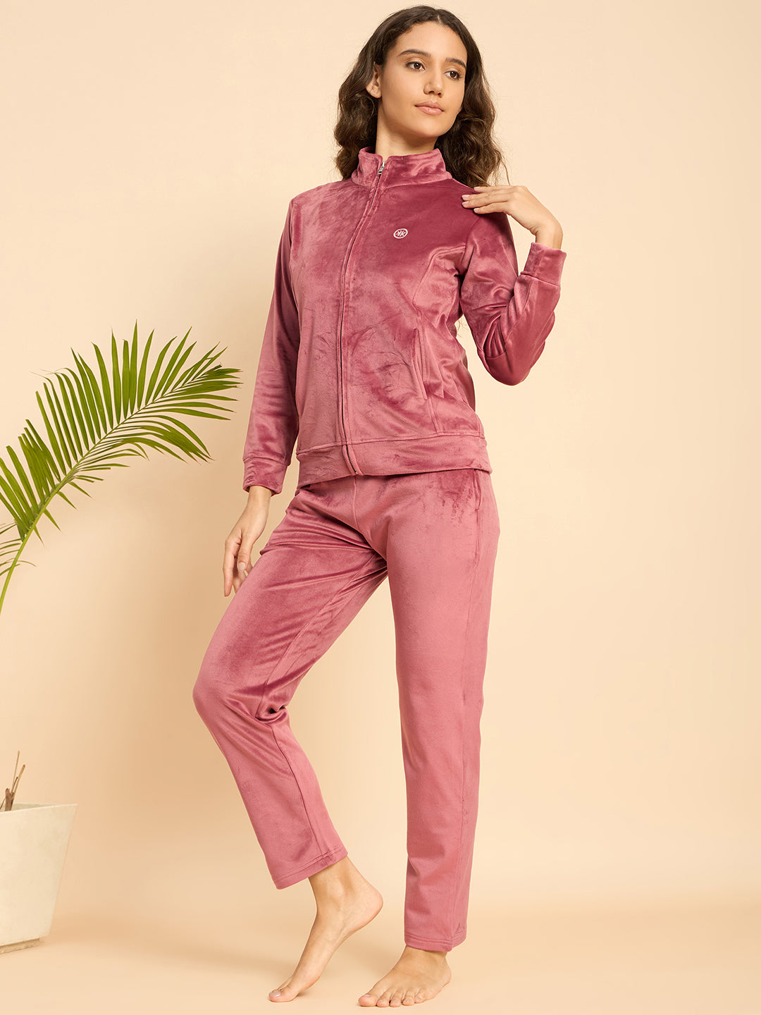 Rose Pink Velour Zip-Front Jacket & Pants Lounge Set - KIZA
