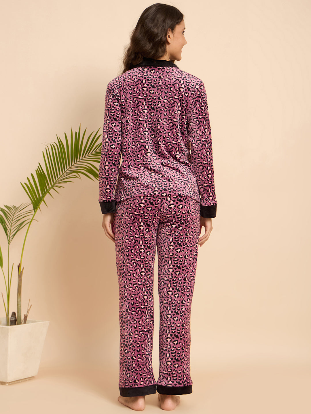 Pink Leopard Print Velour Front-Open Night Suit - KIZA