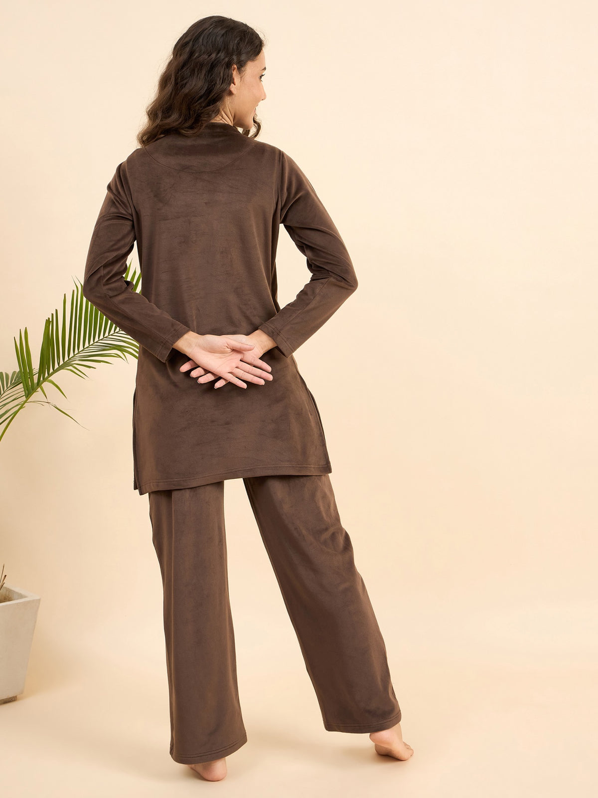 Coffee Brown Embroidered Velour Kurta-Style Lounge Set - KIZA
