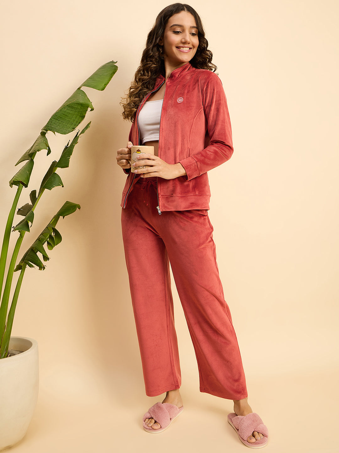 Brick Red Velour Zip-Front Jacket & Pants Lounge Set - KIZA