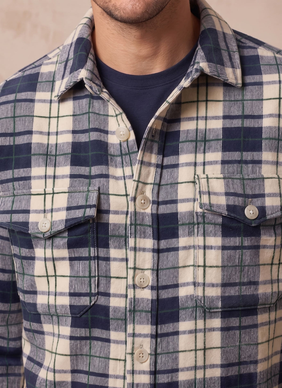 Men's Navy & Cream Plaid Flannel Shirt Jacket - KIZA