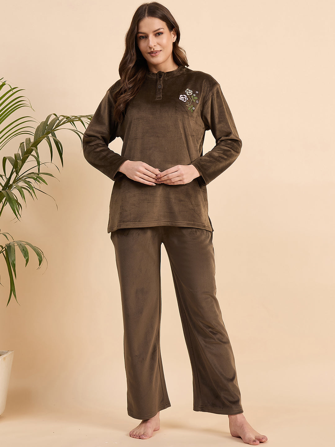 Coffee Brown Embroidered Velour Henley Top & Pants Set - KIZA
