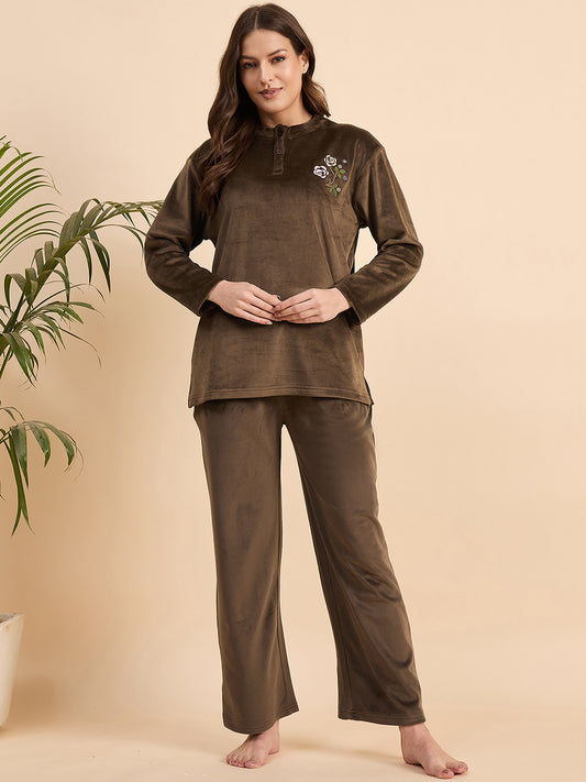 Coffee Brown Embroidered Velour Henley Top & Pants Set - KIZA