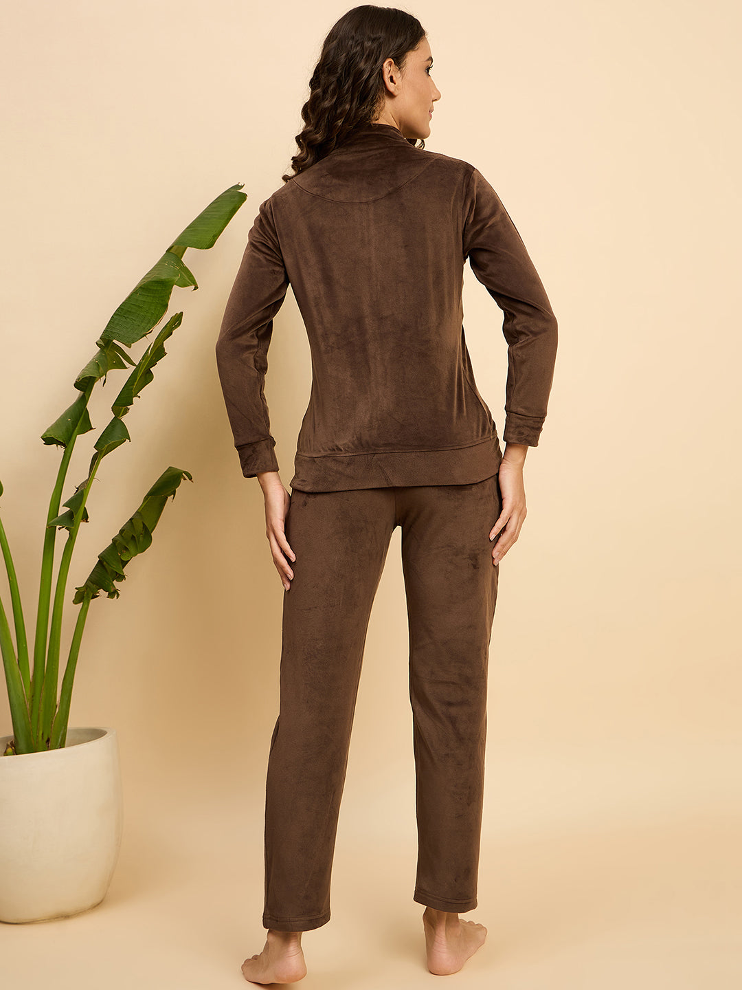 Coffee Brown Velour Zip-Front Jacket & Pants Lounge Set - KIZA