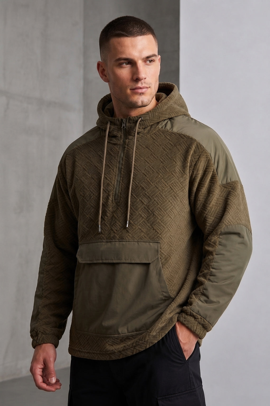 Men's Olive Hooded Half-Zip Pullover Jacket - KIZA