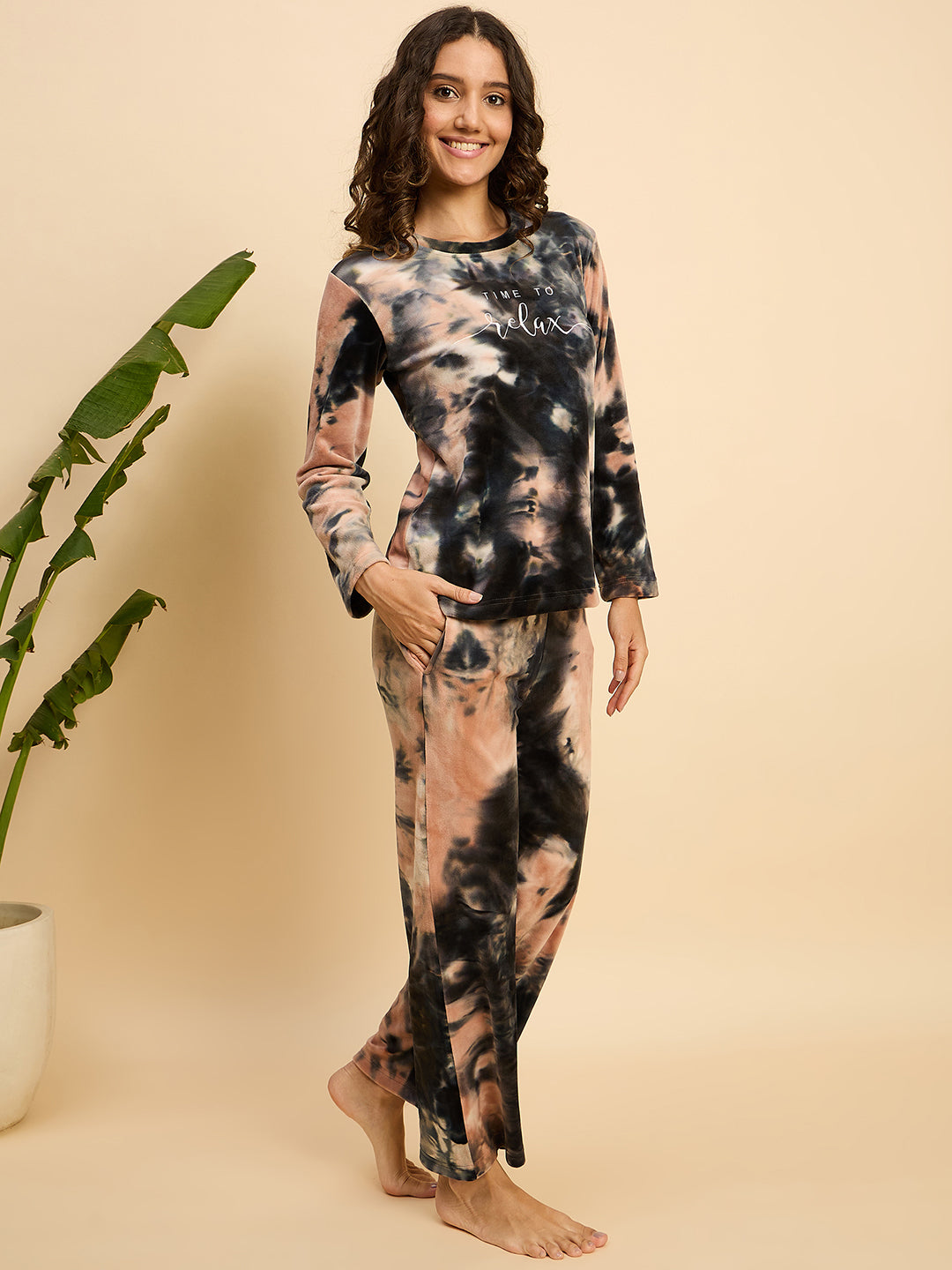 Peach & Black Tie-Dye Velour Top & Pants Lounge Set - KIZA