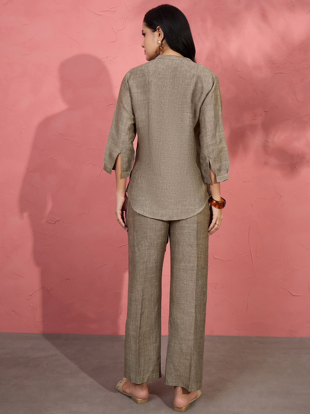 Khaki Brown Textured Tunic Shirt & Straight Pants Co-ord Set - KIZA