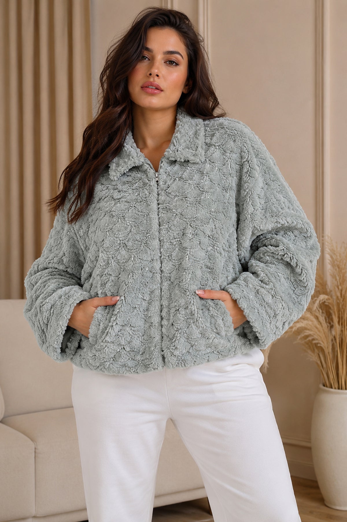 Sea Green Textured Faux-Fur Zip Jacket - KIZA