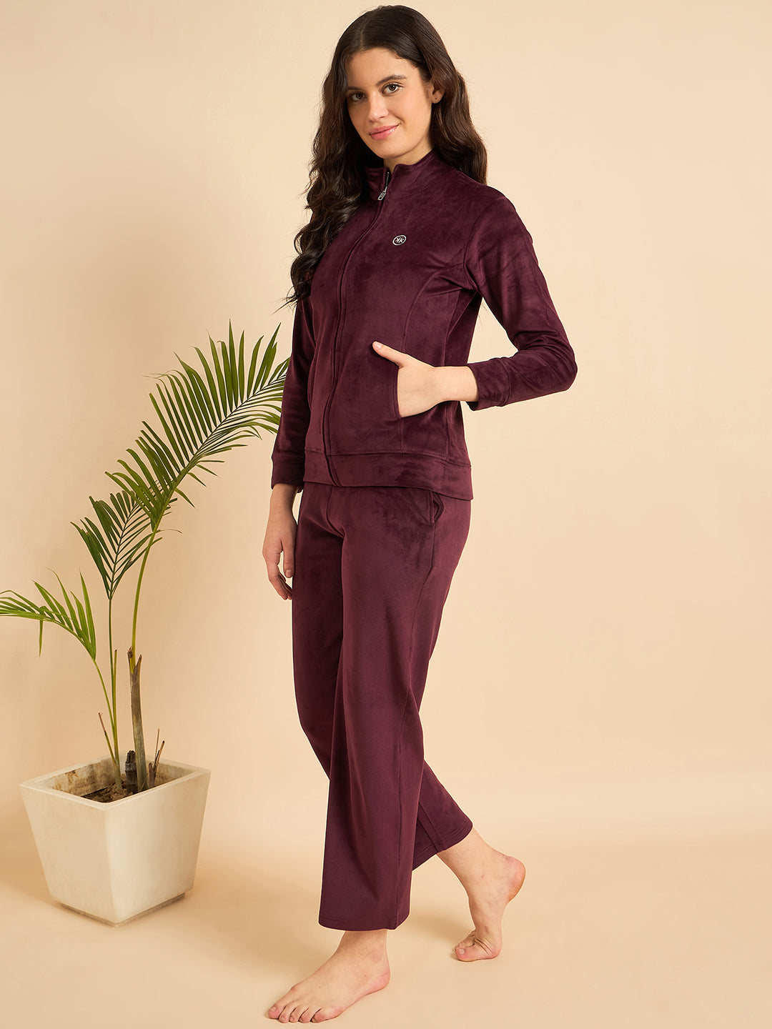 Wine Velour Zip-Front Jacket & Pants Lounge Set - KIZA