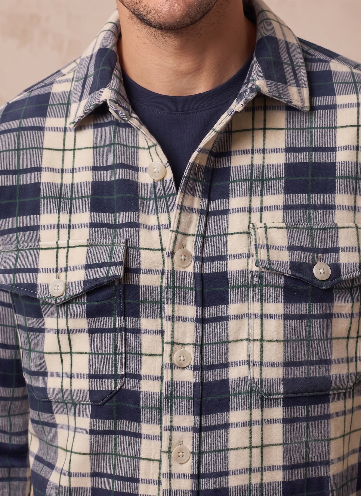 Men's Navy & Cream Plaid Flannel Shirt Jacket - KIZA