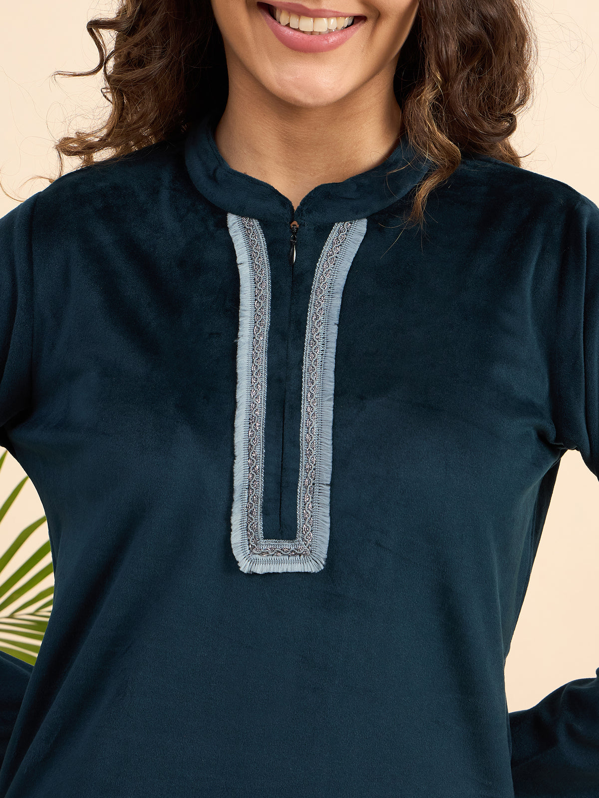 Teal Embroidered Velour Kurta-Style Lounge Set - KIZA