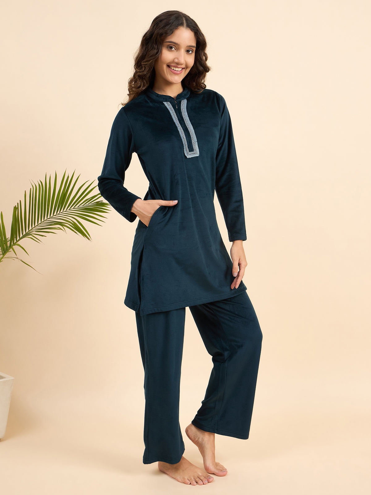 Teal Embroidered Velour Kurta-Style Lounge Set - KIZA
