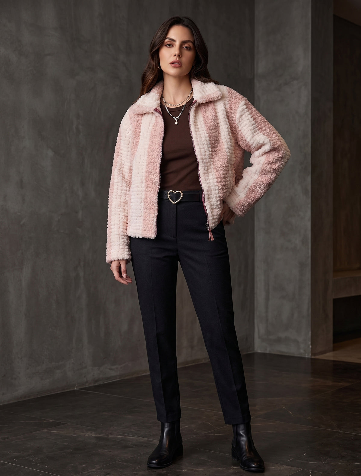 Pink & Cream Striped Faux-Fur Zip Jacket - KIZA