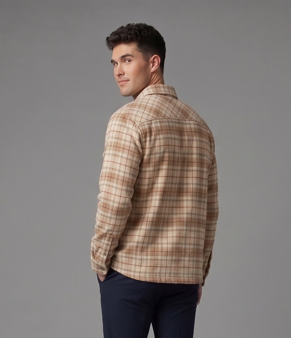 Men's Beige & Brown Plaid Flannel Shirt Jacket - KIZA
