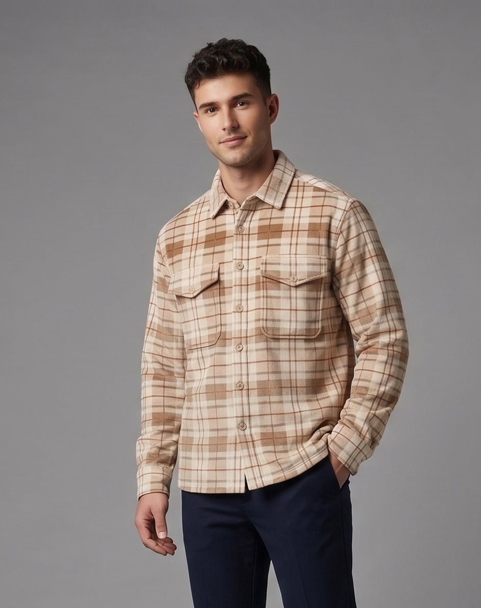 Men's Beige & Brown Plaid Flannel Shirt Jacket - KIZA