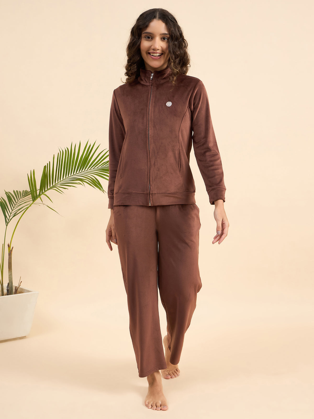 Brown Velour Zip-Front Jacket & Pants Lounge Set - KIZA