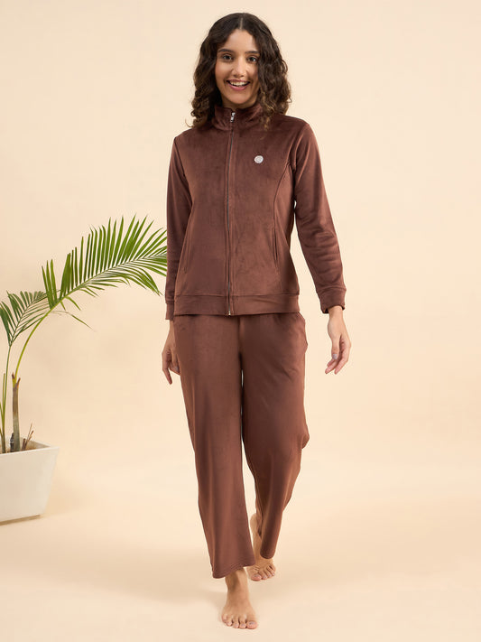 Brown Velour Zip-Front Jacket & Pants Lounge Set - KIZA