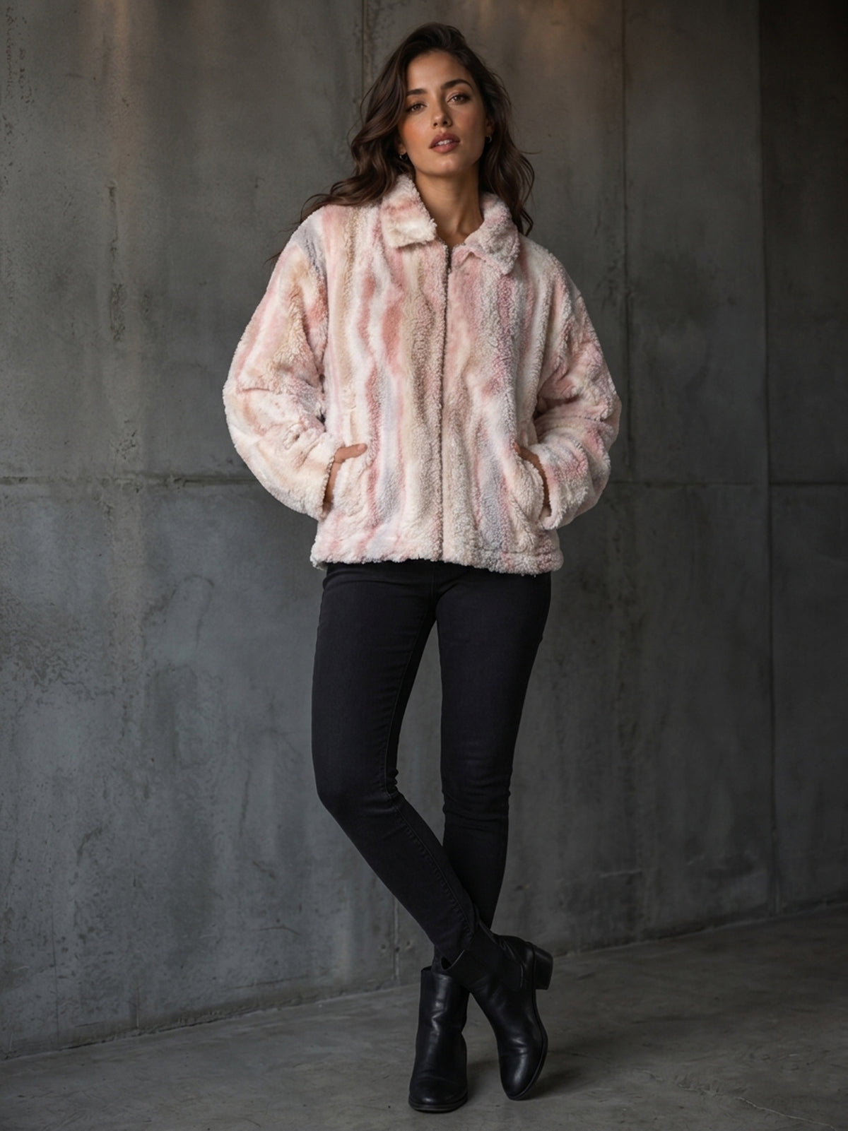 Blush Multi-Tone Striped Faux-Fur Zip Jacket - KIZA