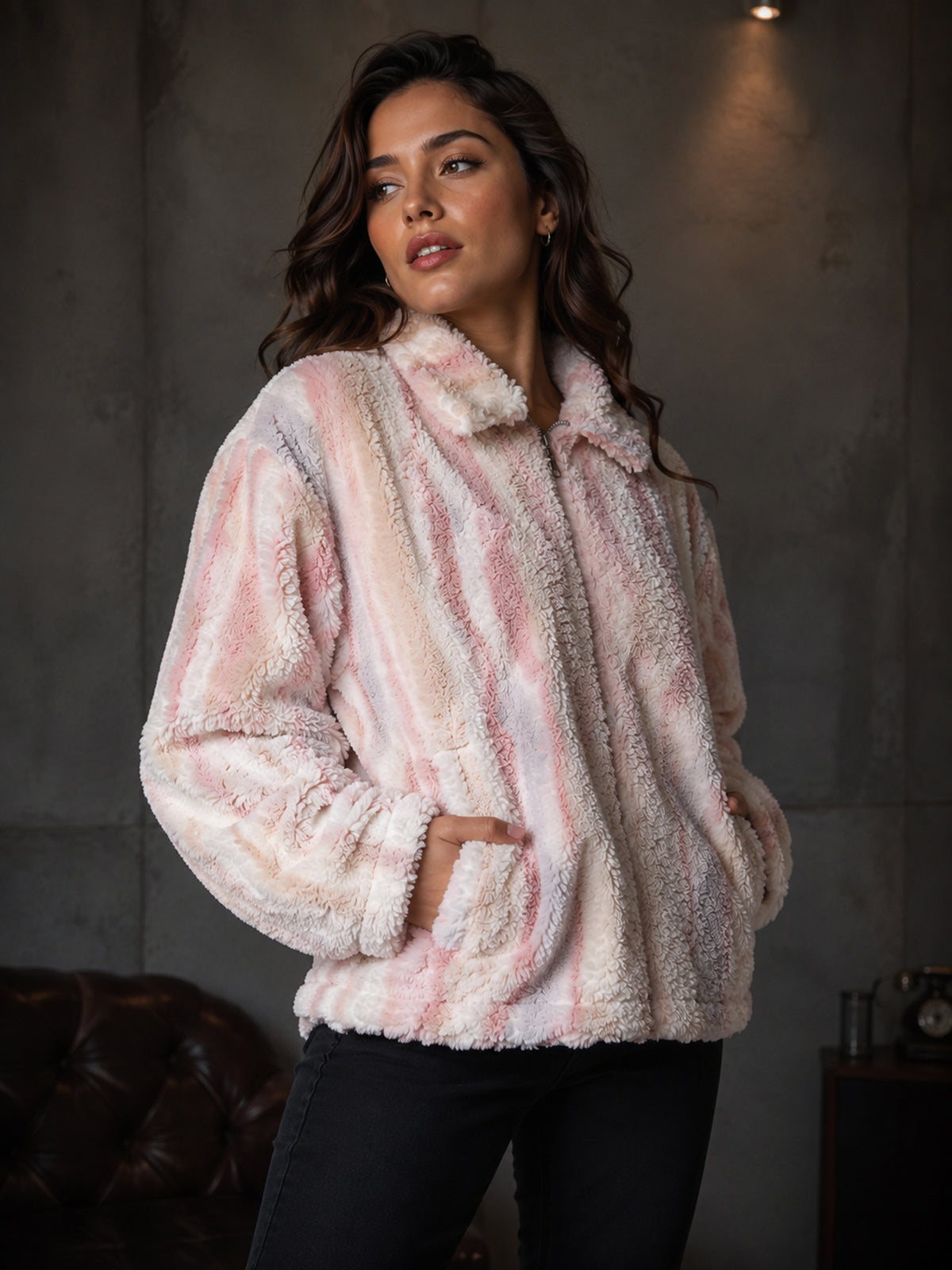 Blush Multi-Tone Striped Faux-Fur Zip Jacket - KIZA