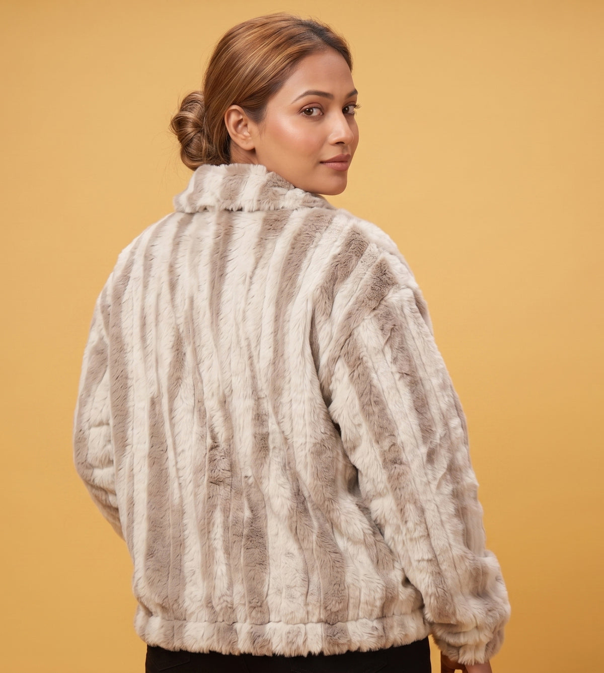Beige & Cream Striped Faux-Fur Zip Jacket - KIZA