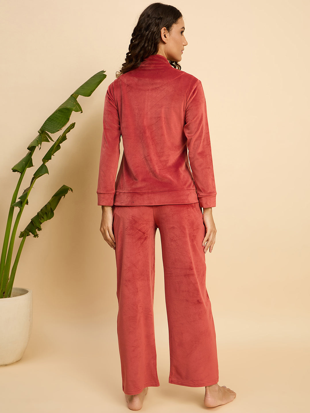 Brick Red Velour Zip-Front Jacket & Pants Lounge Set - KIZA