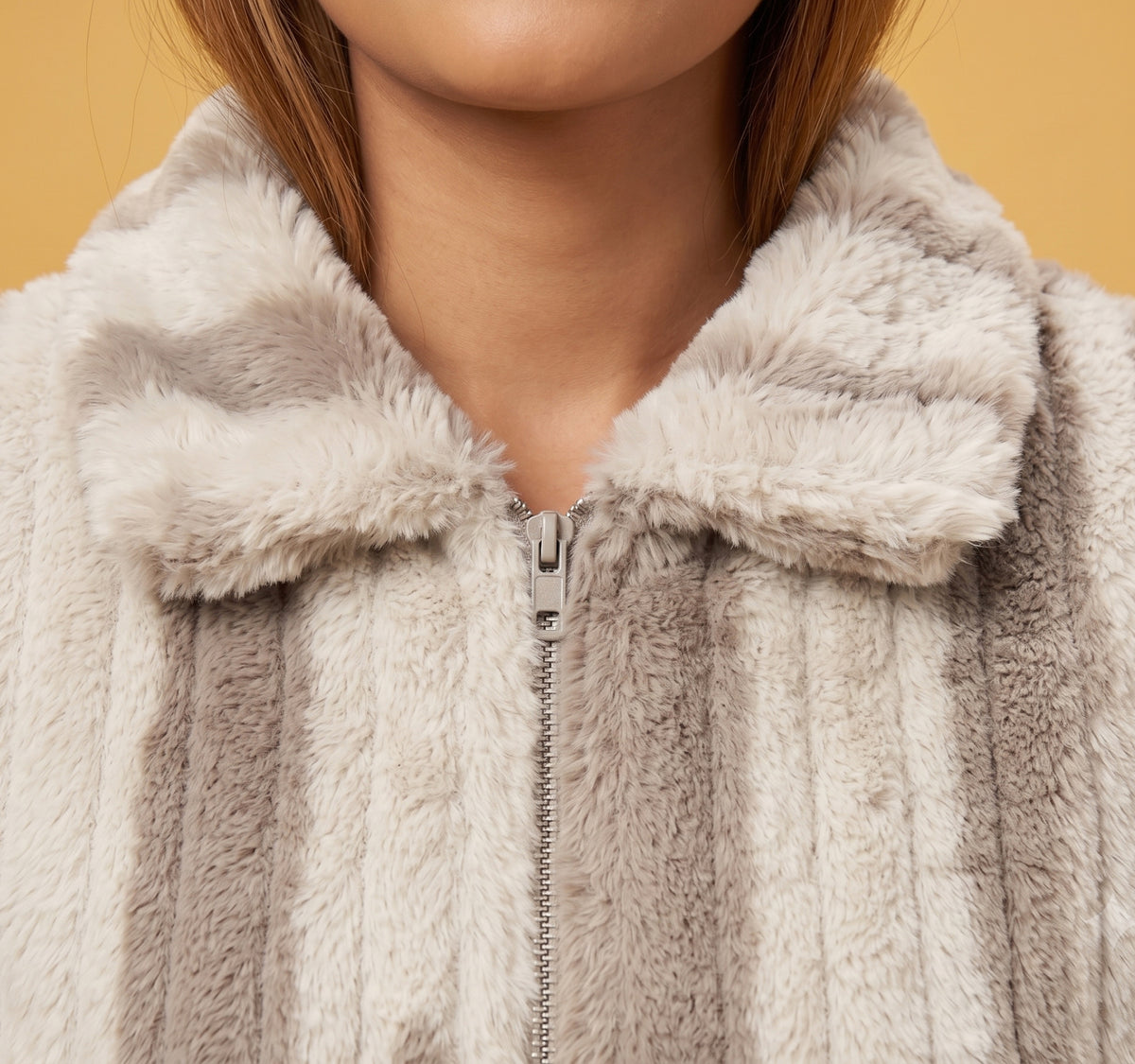 Beige & Cream Striped Faux-Fur Zip Jacket - KIZA