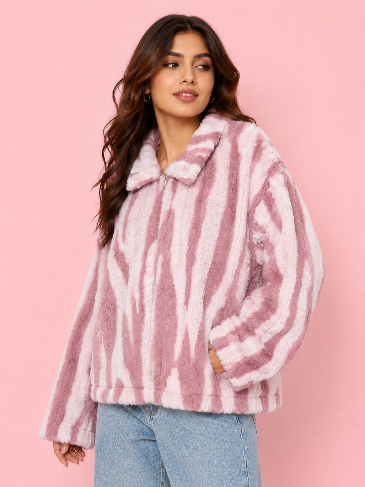 Pink Zebra Stripe Faux-Fur Zip Jacket - KIZA