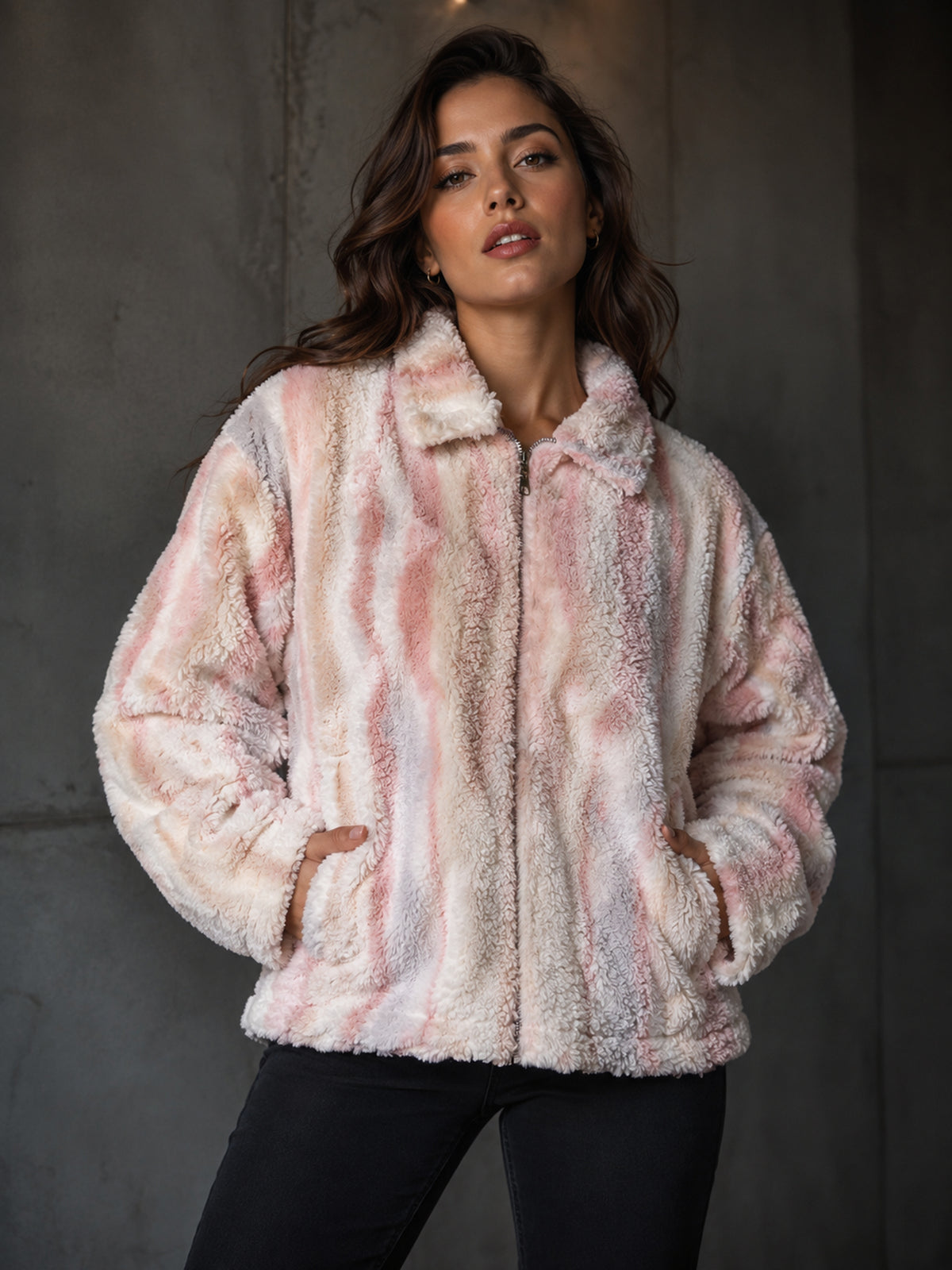 Blush Multi-Tone Striped Faux-Fur Zip Jacket - KIZA