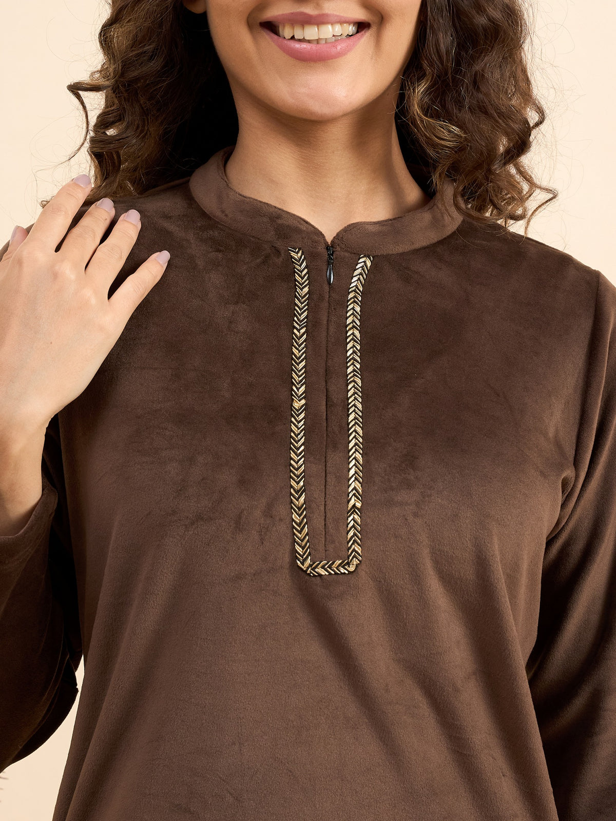 Coffee Brown Embroidered Velour Kurta-Style Lounge Set - KIZA