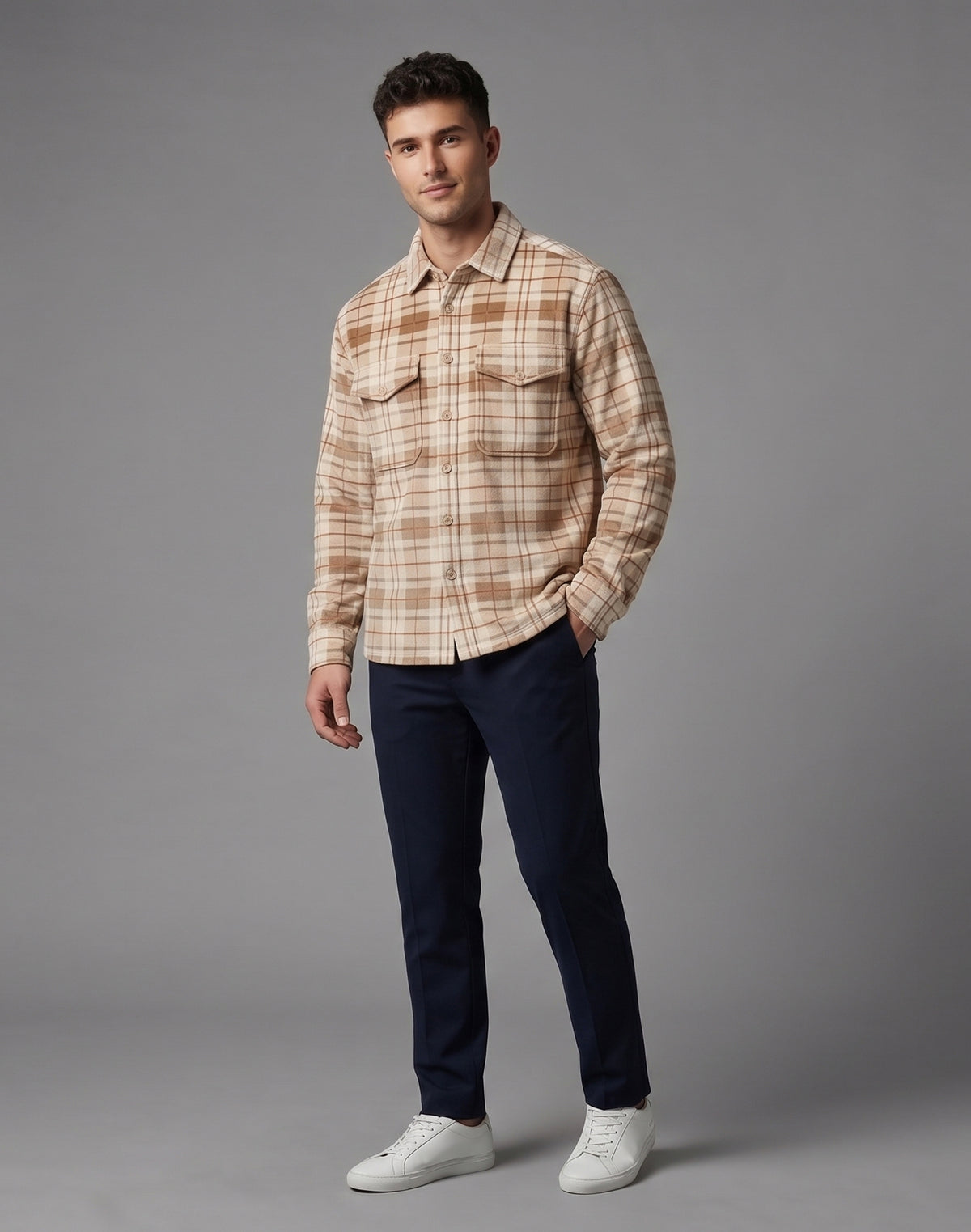 Men's Beige & Brown Plaid Flannel Shirt Jacket - KIZA