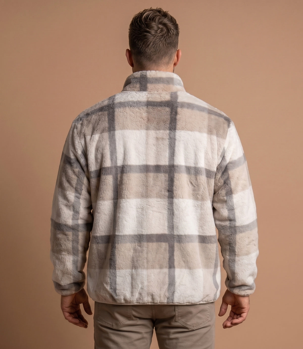 Men's Camel Plaid Faux-Fur Zip Jacket - KIZA