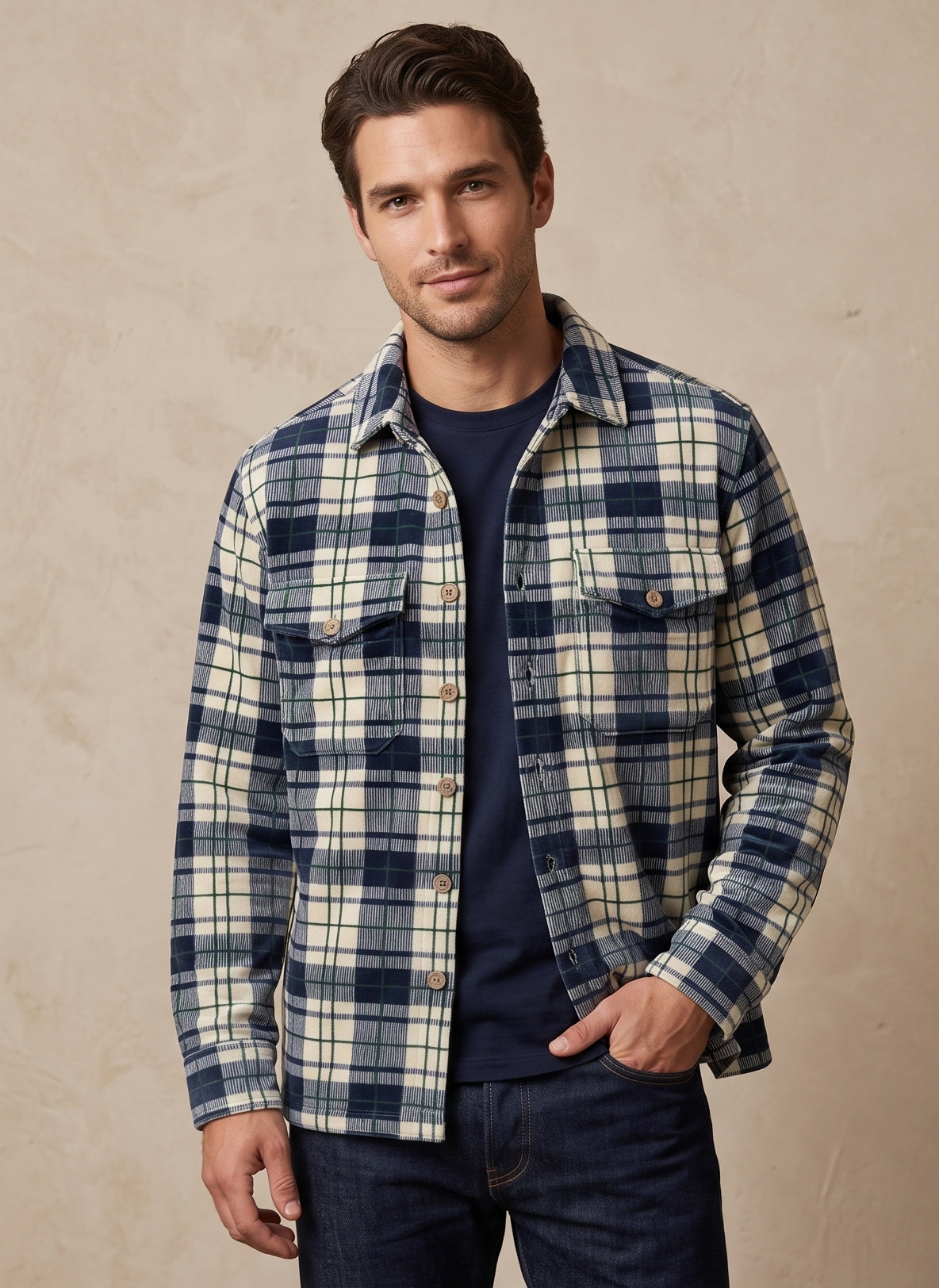 Men's Navy & Cream Plaid Flannel Shirt Jacket - KIZA