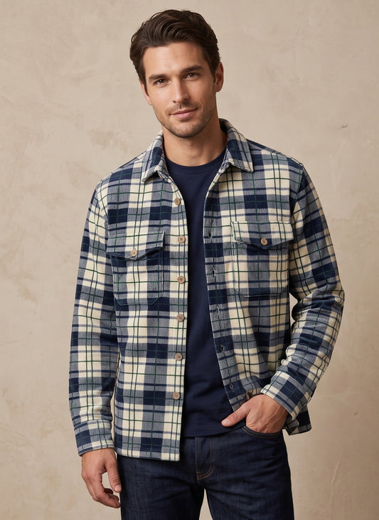 Men's Navy & Cream Plaid Flannel Shirt Jacket - KIZA
