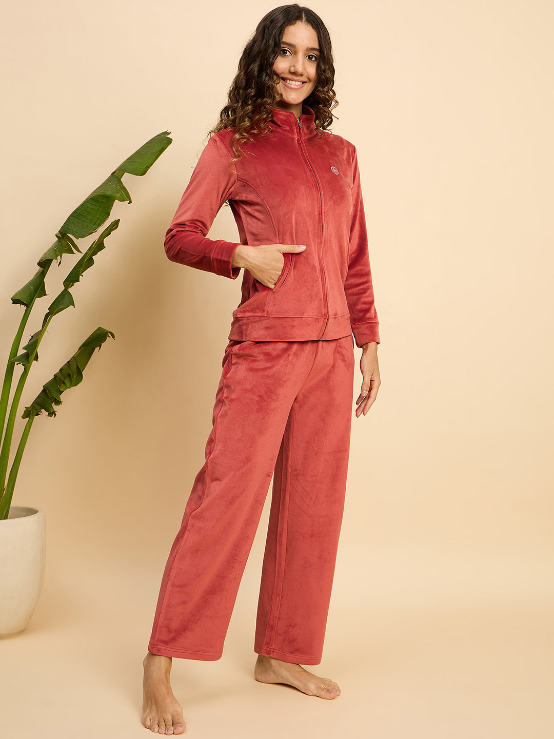 Brick Red Velour Zip-Front Jacket & Pants Lounge Set - KIZA