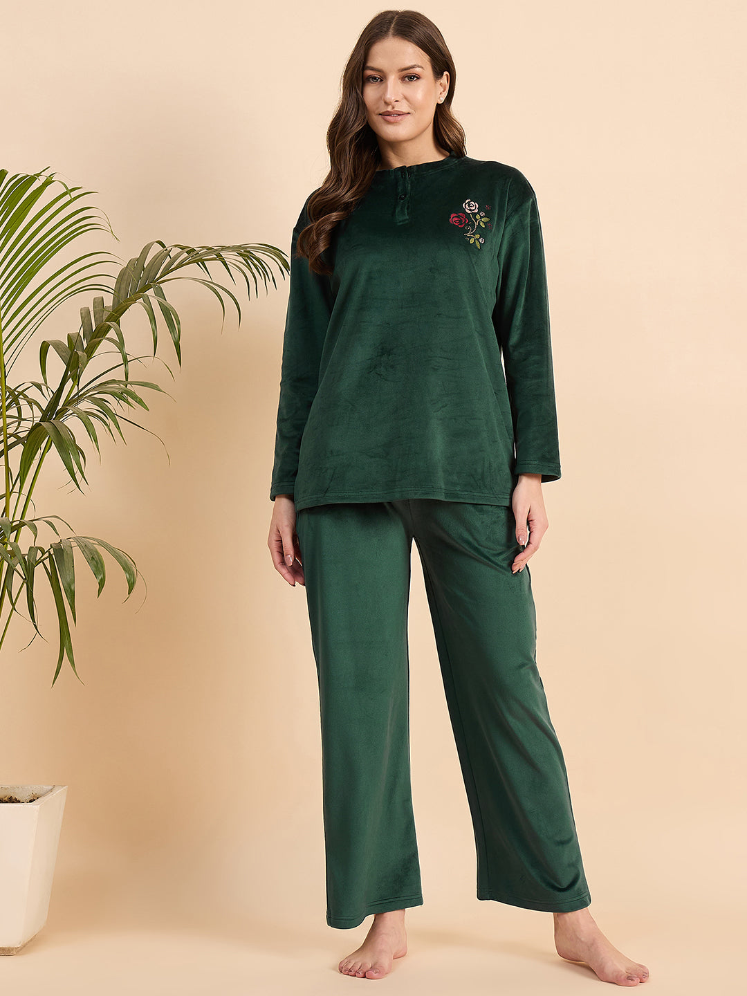 Bottle Green Embroidered Velour Henley Top & Pants Set - KIZA