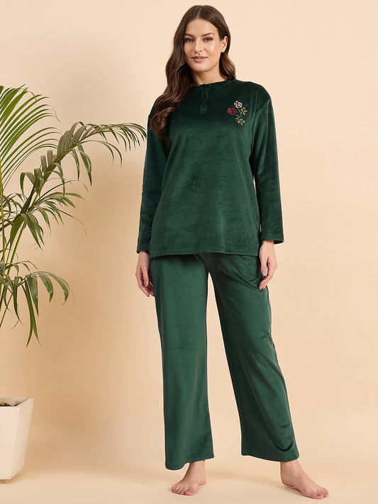 Bottle Green Embroidered Velour Henley Top & Pants Set - KIZA