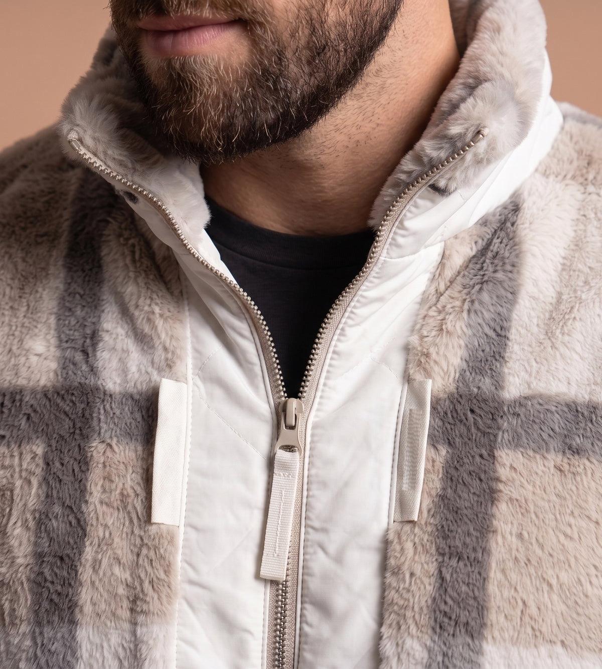 Men's Camel Plaid Faux-Fur Zip Jacket - KIZA