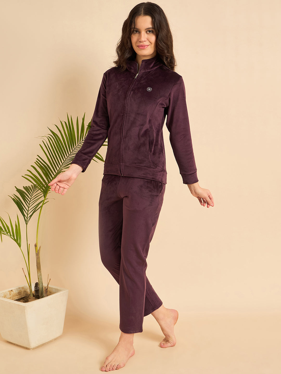 Plum Velour Zip-Front Jacket & Pants Lounge Set - KIZA