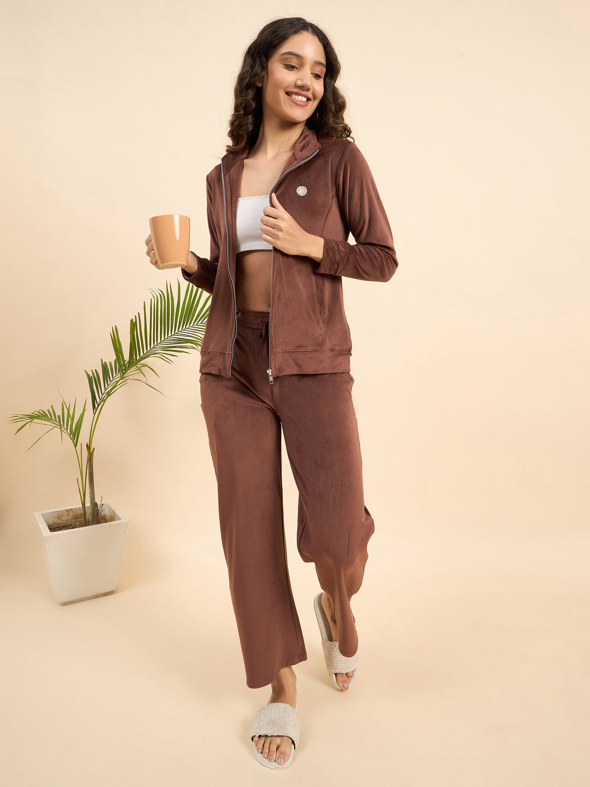 Brown Velour Zip-Front Jacket & Pants Lounge Set - KIZA