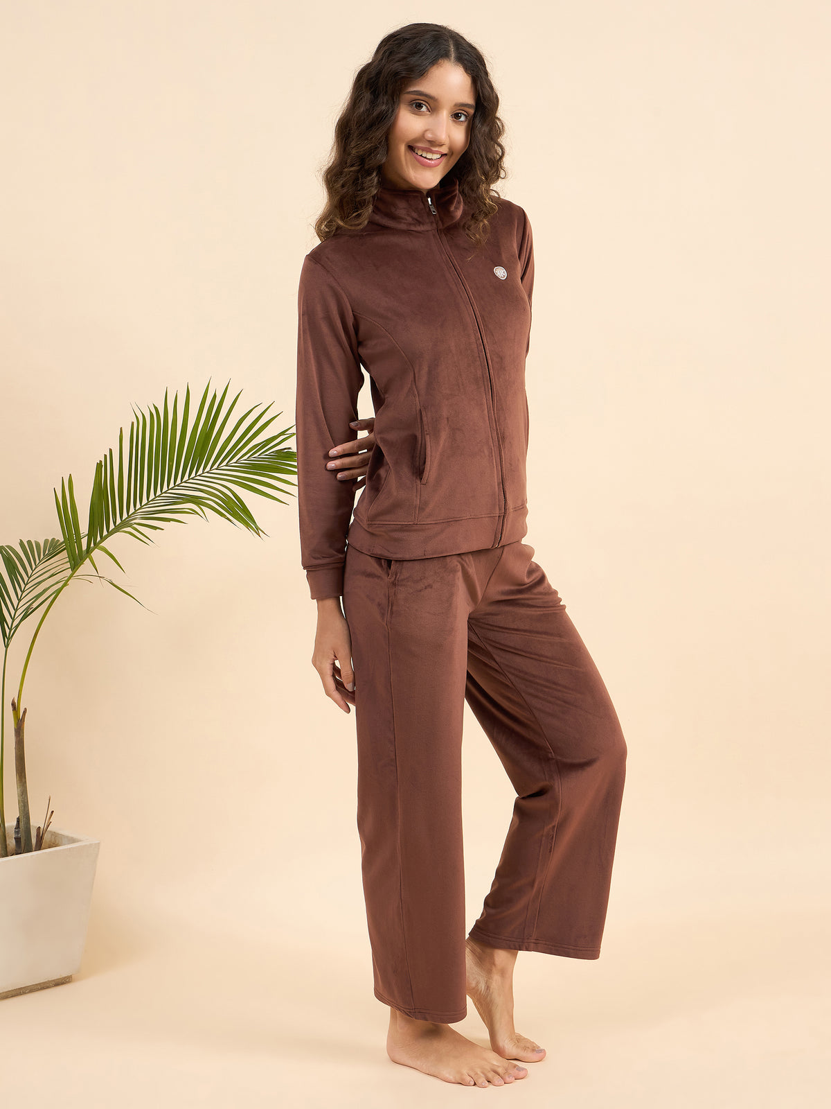 Brown Velour Zip-Front Jacket & Pants Lounge Set - KIZA