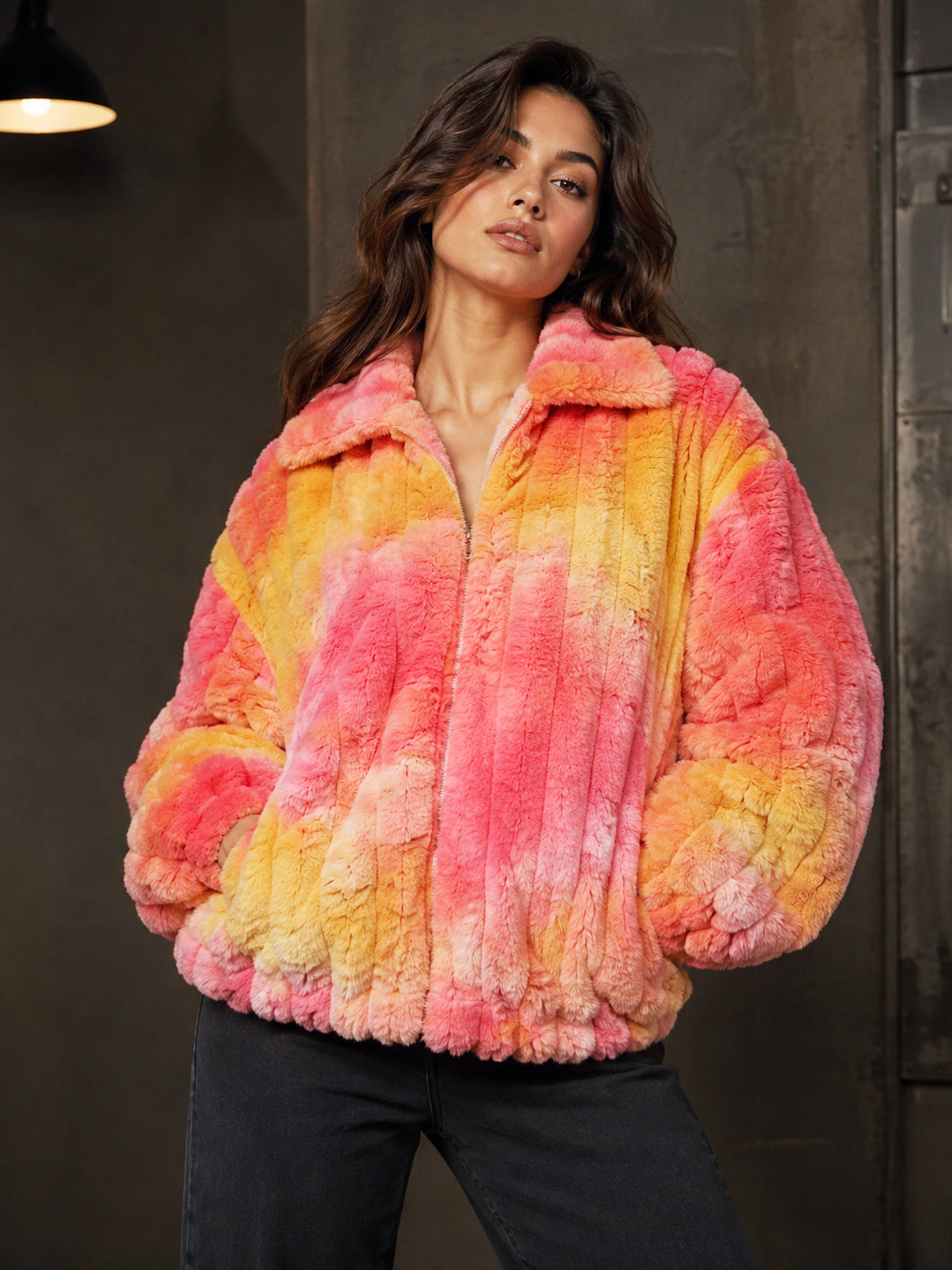 Orange Tie-Dye Faux-Fur Zip Jacket - KIZA