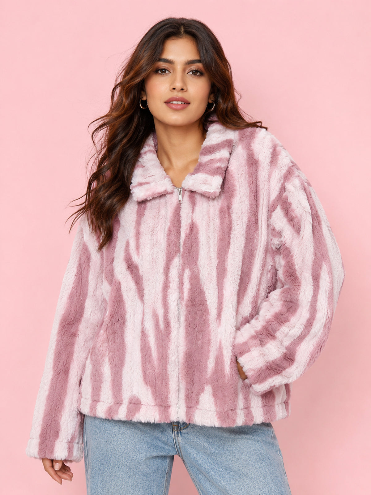 Pink Zebra Stripe Faux-Fur Zip Jacket - KIZA