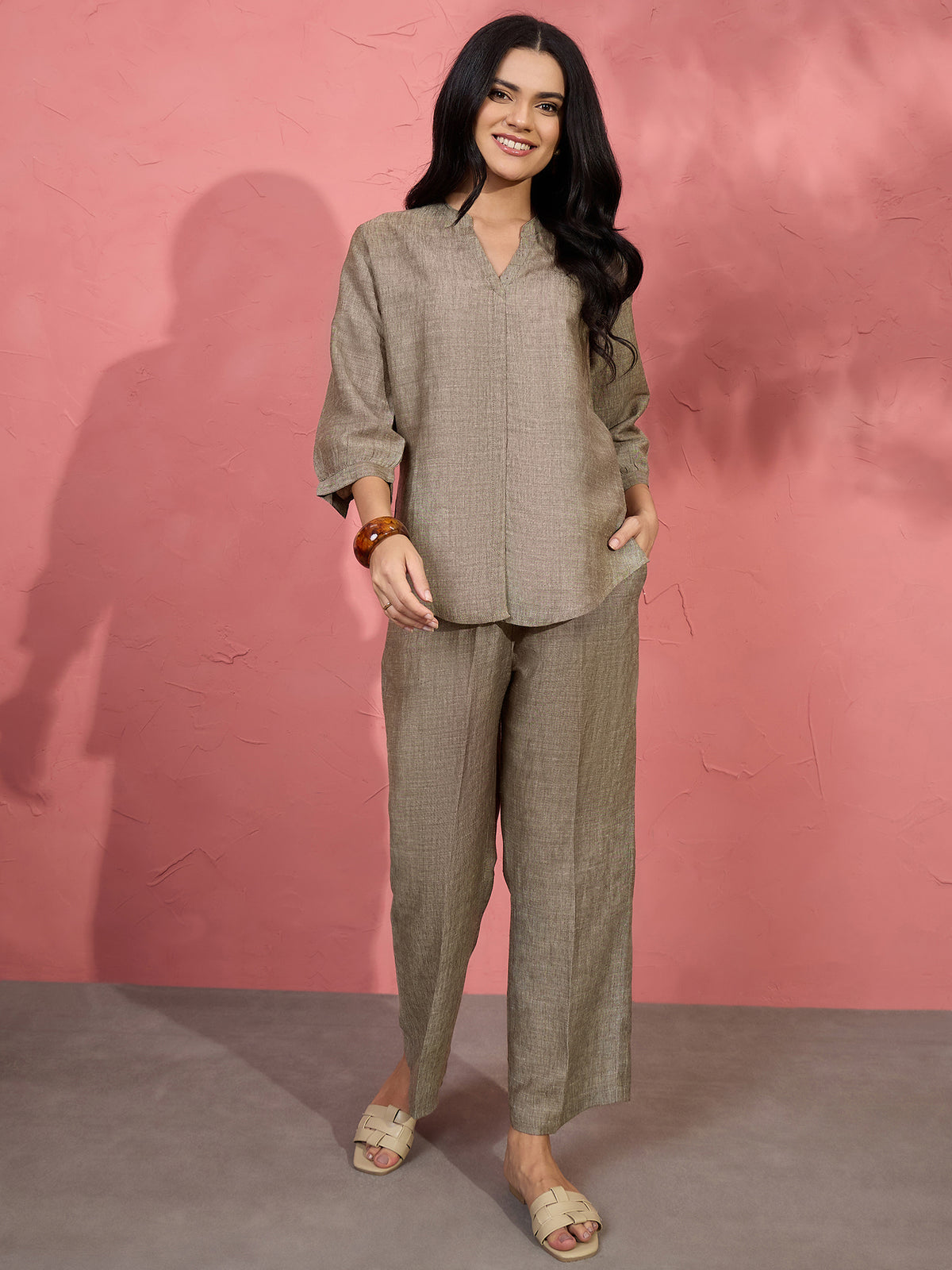 Khaki Brown Textured Tunic Shirt & Straight Pants Co-ord Set - KIZA