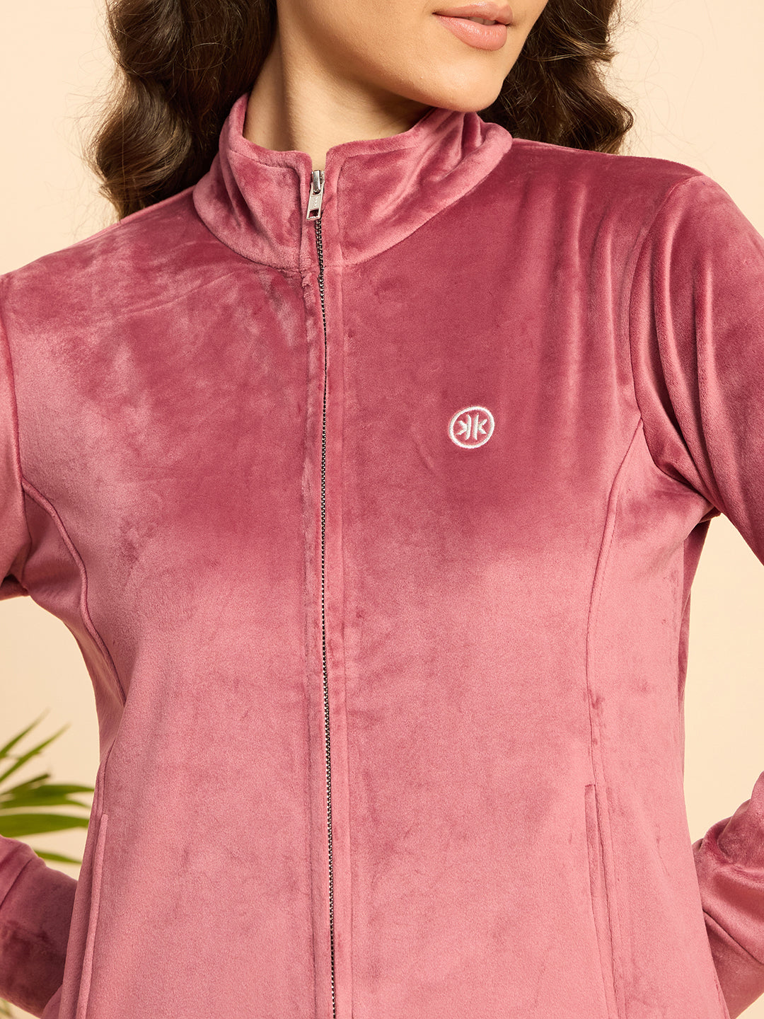 Rose Pink Velour Zip-Front Jacket & Pants Lounge Set - KIZA