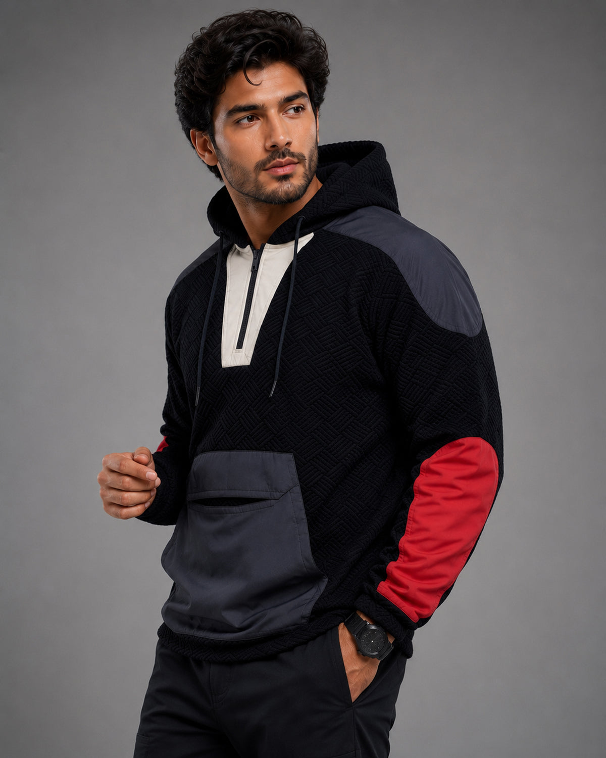 Men's Black Colour-Block Hooded Half-Zip Pullover Jacket - KIZA
